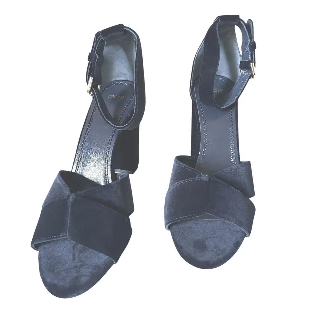 Maje Navy Velvet Bow Heels Womens Dress Sandals Block‎ Heel EU 41/US 10-10.5